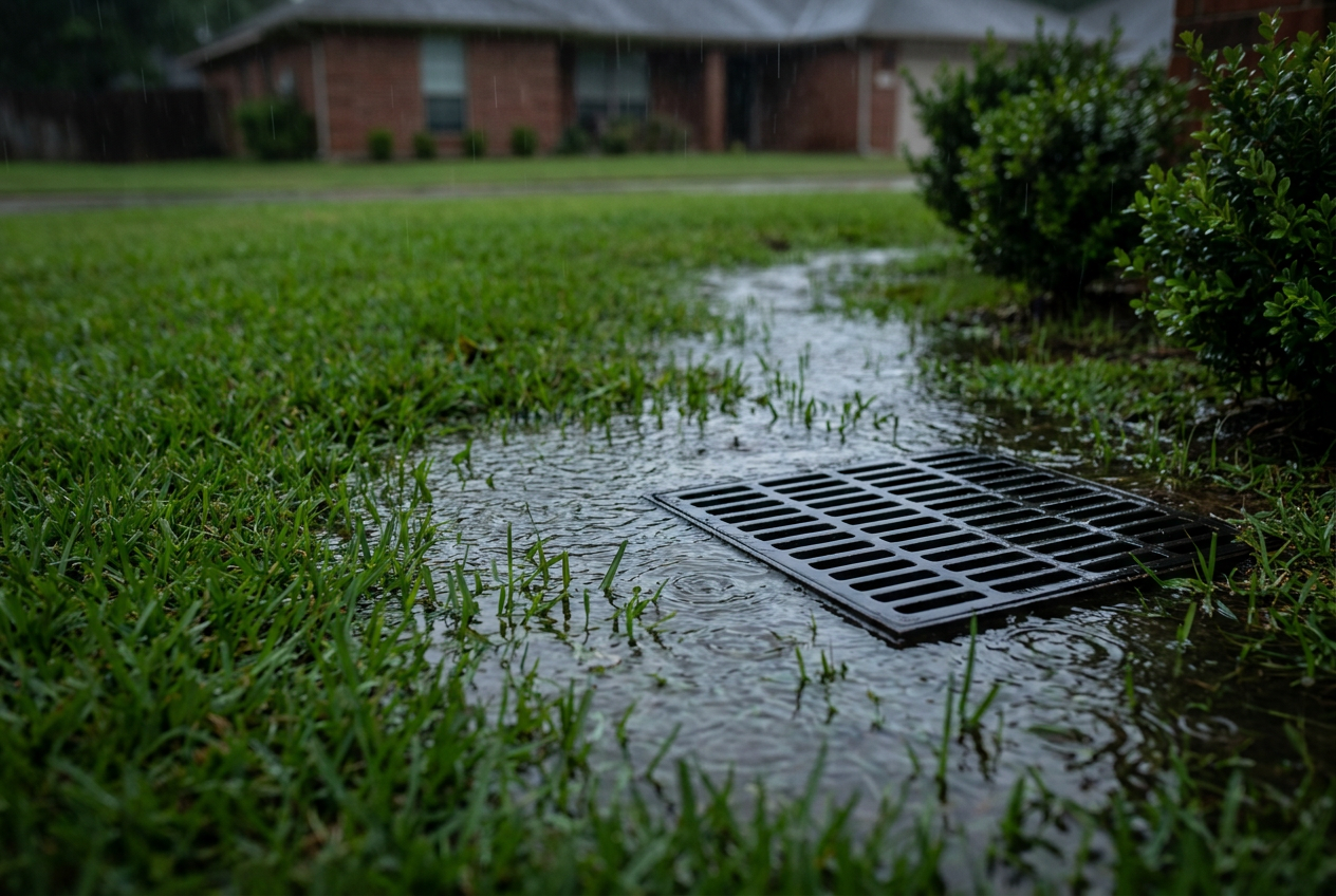 Rainwater spreading across a green lawn toward a flush drain grate beside a brick house during a storm.